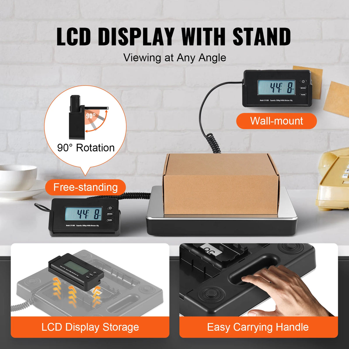 A digital shipping scale with an LCD display is shown in various configurations including wall-mount, free-standing, and with