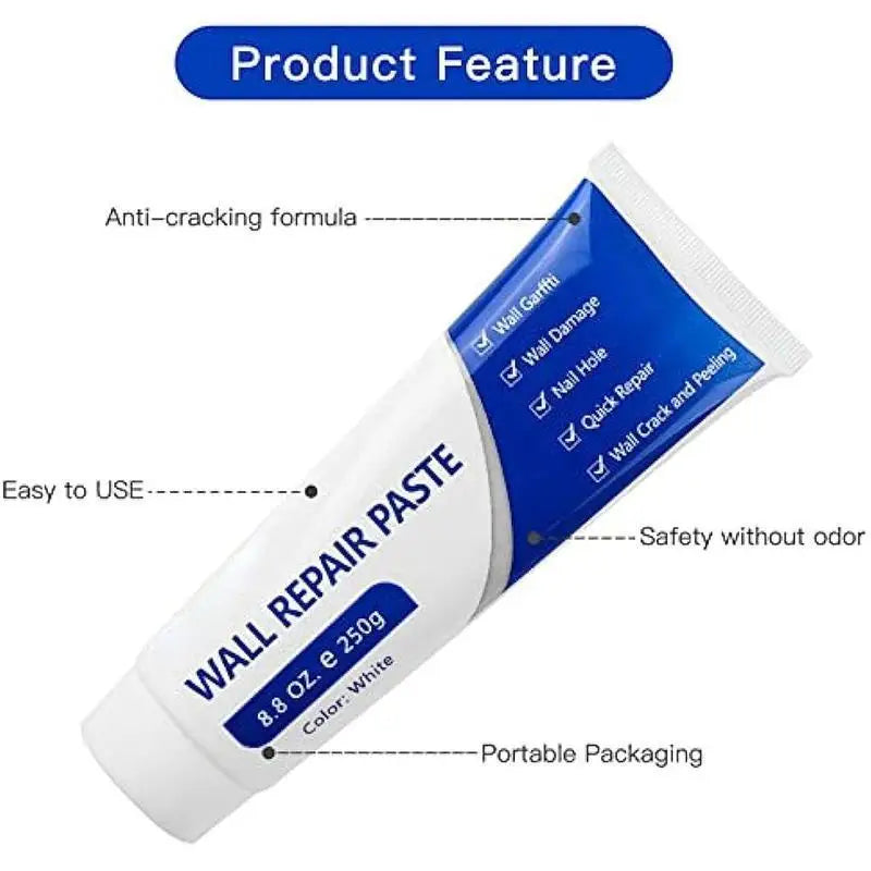 A tube of white wall repair paste with features like anti-cracking formula and easy to use application.