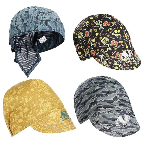 Three durable welding and work caps shown in camouflage, gold, and gray patterns.