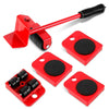 A set of red heavy duty furniture moving and lifting tools including a long red pry bar and several red rubber pads.