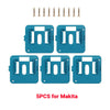 Five blue multi-angle battery holders for Makita power tools, shown with separate screws.
