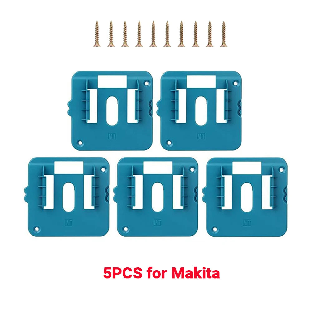 Five blue multi-angle battery holders for Makita power tools, shown with separate screws.