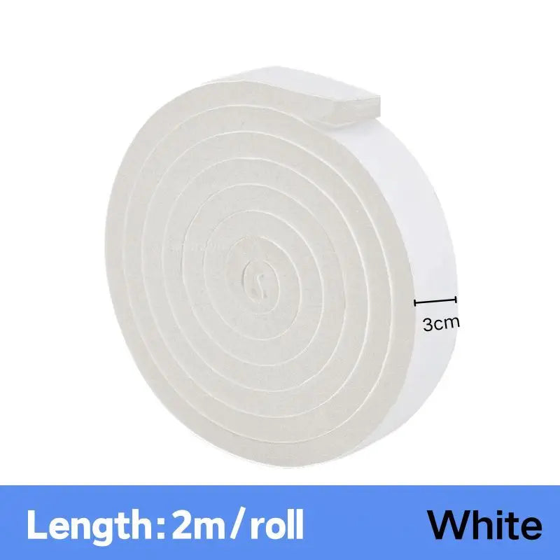 Roll of white self-adhesive foam weather stripping tape for doors and windows