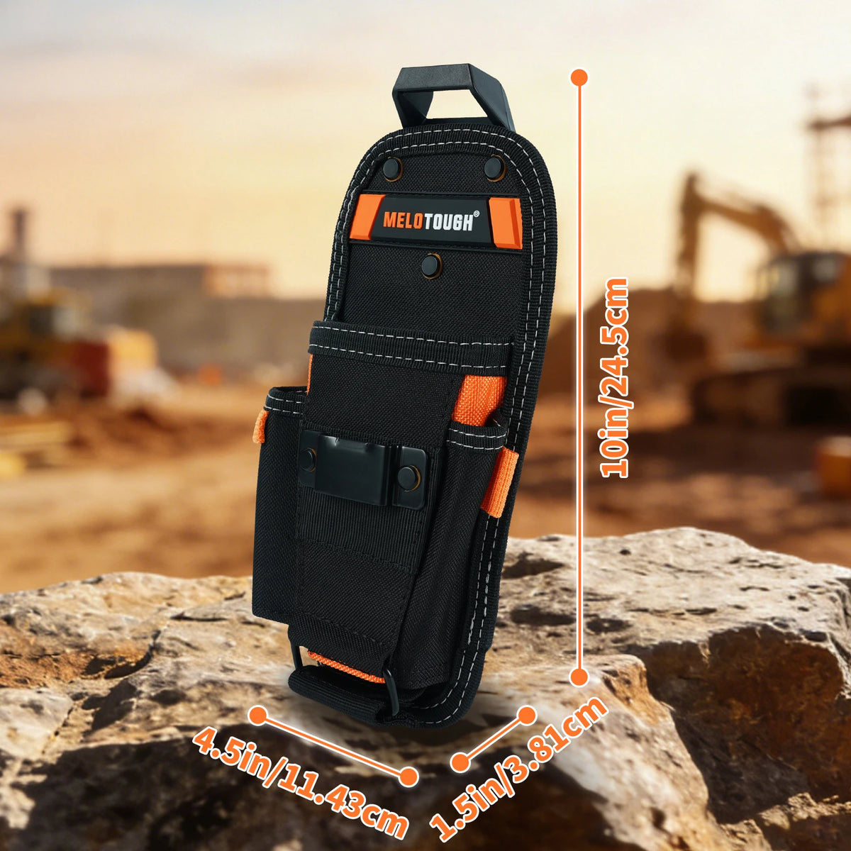 Black tool pouch with an orange strap and belt clip shown on a rock surface.