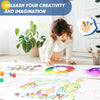 A child is painting colorful designs on a large sheet of paper with various craft materials.
