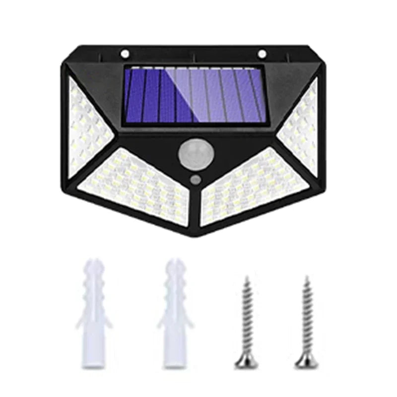Appareil lumineux extérieur solaire à mouvement haute luminosité avec panneau solaire et multiples émetteurs lumineux.