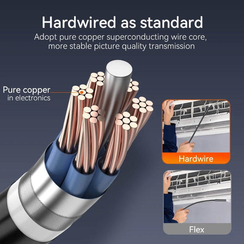 Close-up of a hardware wired borescope camera showing pure copper wires for stable picture quality transmission