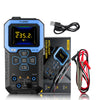 A black digital multimeter with a blue display and various test leads is shown next to its box.