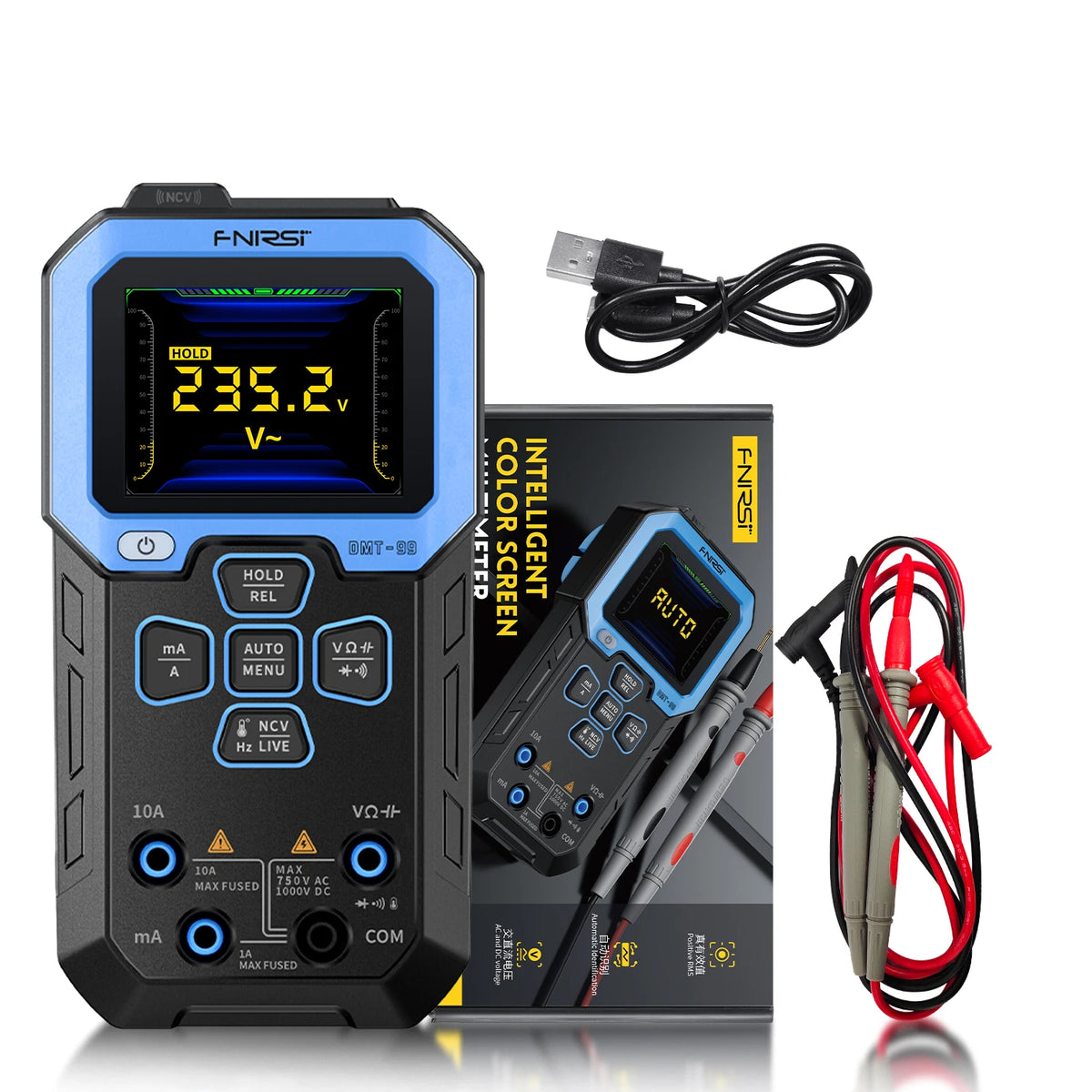 A black digital multimeter with a blue display and various test leads is shown next to its box.
