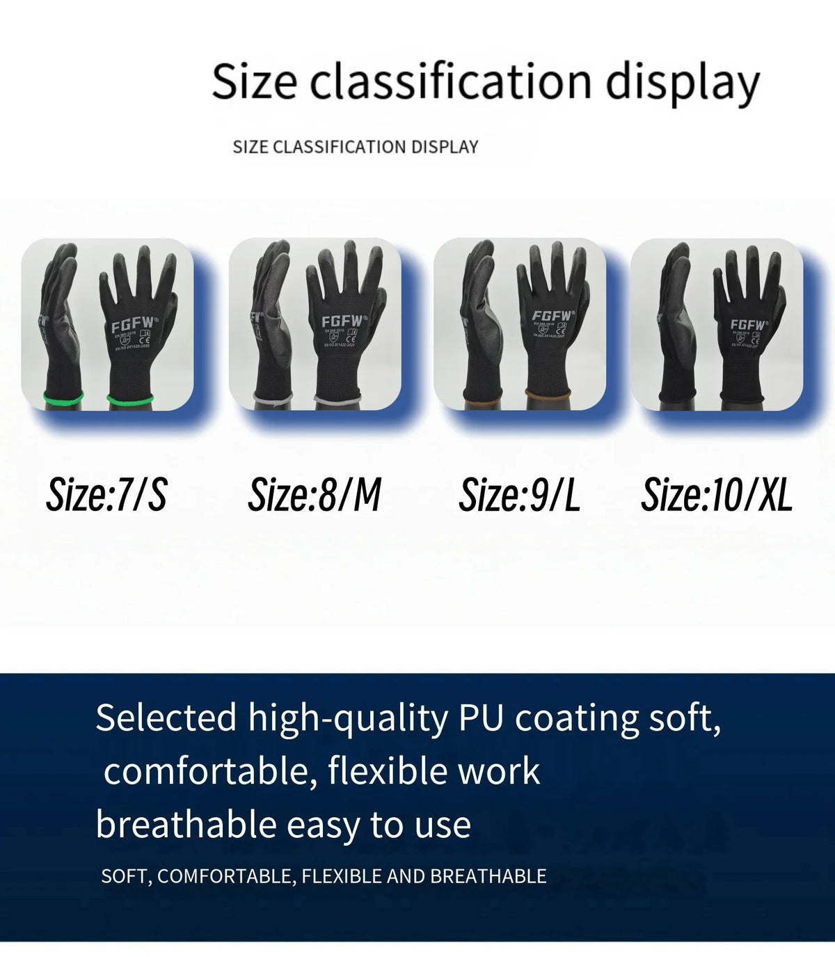 Display showing size classification for durable work gloves, ranging from size 7/S to size 10/XL.