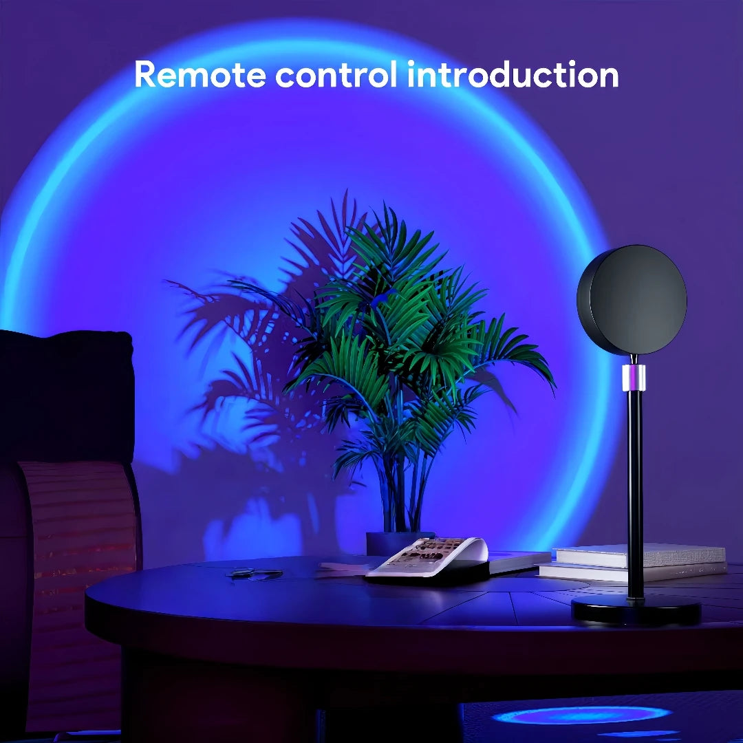 A black LED plant light with a purple glow sits on a dark table in a room with a blue light background.