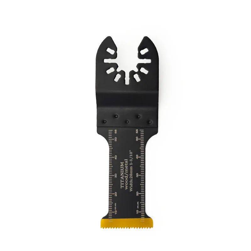 A black titanium oscillating saw blade multitool accessory with a yellow cutting edge.