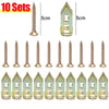 A set of ten self-drilling drywall anchors shown in various finishes and sizes.