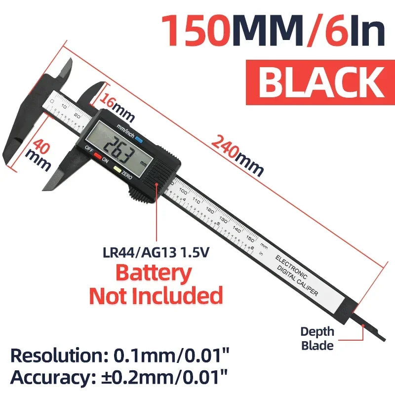 Black LR44/AG13 1.5V electronic digital caliper with a depth blade and measurement scale.