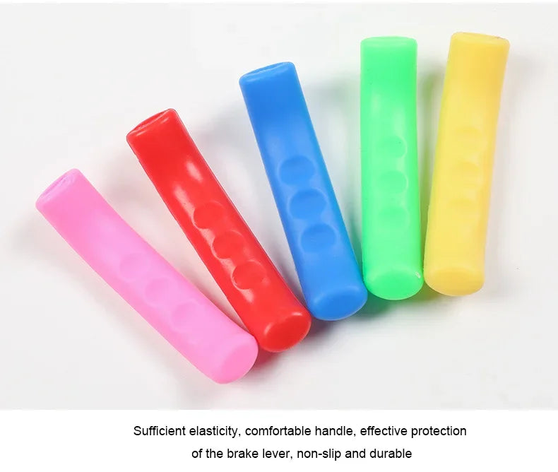 A collection of brightly colored silicone brake lever protector covers in blue, red, pink, and green.