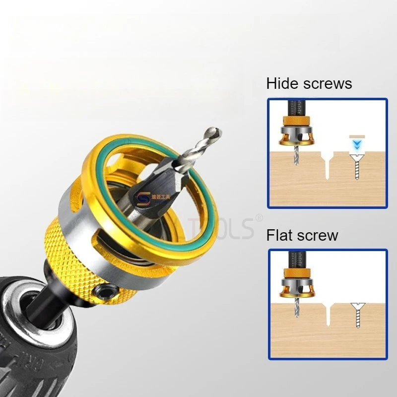 A set of adjustable countersink drill bits, including hide screws and flat screws, shown with a drill bit holder.