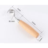 An ergonomic wood carving knife set with a silver blade and wooden handle, showing various dimensions.
