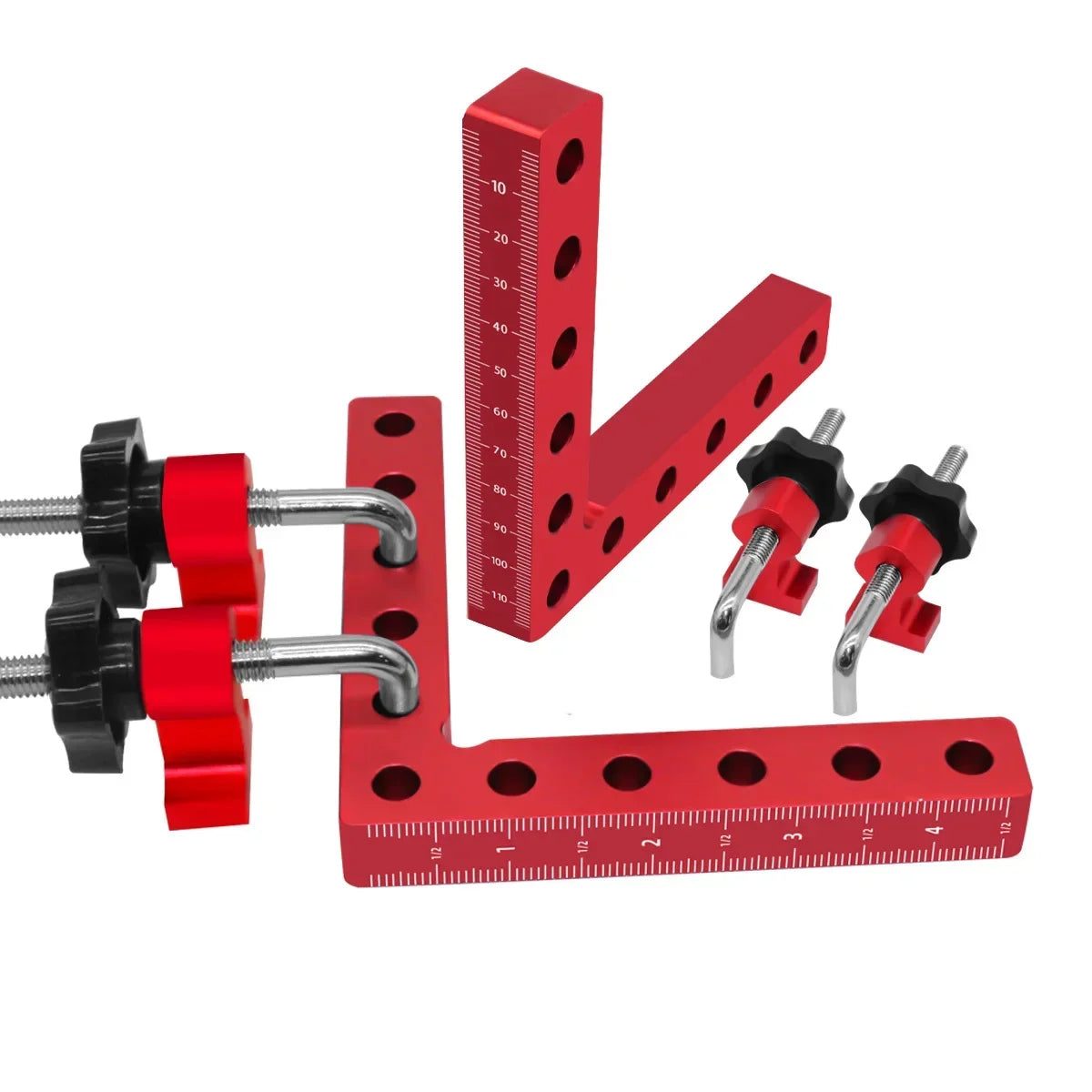 A red precision right angle fixing clamp with a graduated scale and adjustable jaws.