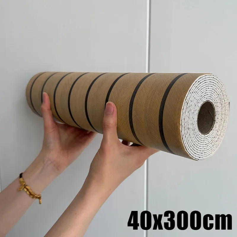 Roll of self-adhesive wood grain wall panels in brown cardboard packaging