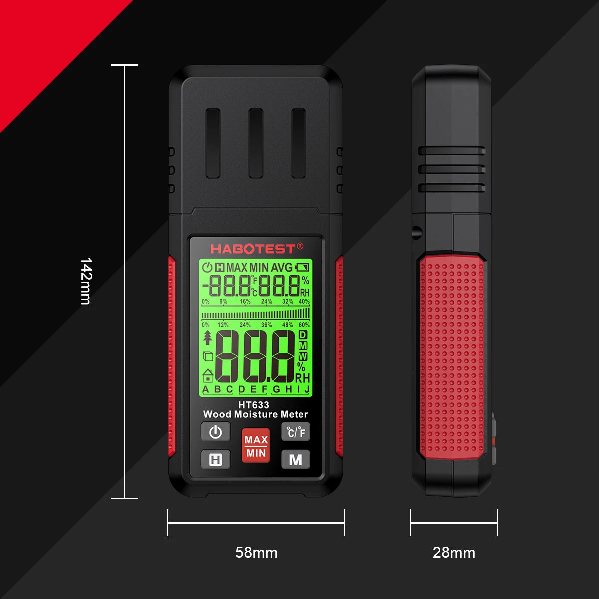 A black digital wood moisture meter is shown next to its packaging, highlighting its size and features.