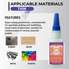 Bouteille de super glue FixWant III avec divers matériaux comme caoutchouc, bois, métal et plastique.