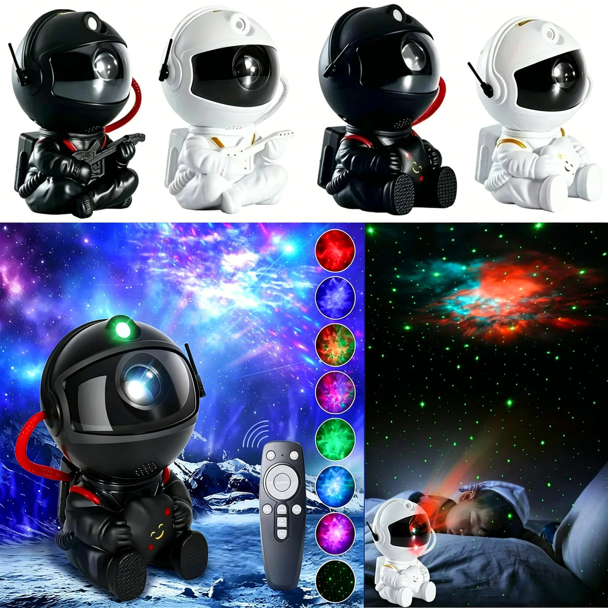 Proyector estelar Galaxy con luz nocturna mostrando una figura de robot blanco y negro y patrones de nebulosa coloridos