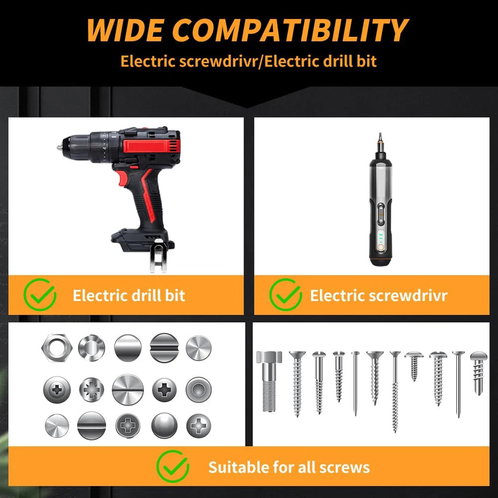 A set of various electric drill bits and screwdrivers for use with an electric screwdriver or drill.