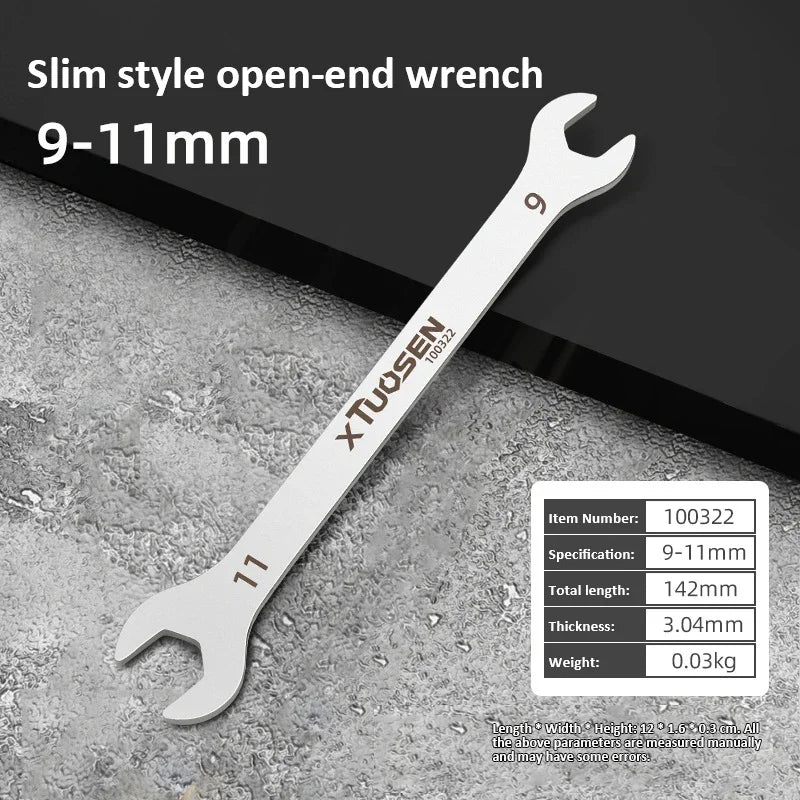 A silver slim style open-end wrench measuring 9-11mm, shown against a gray background.