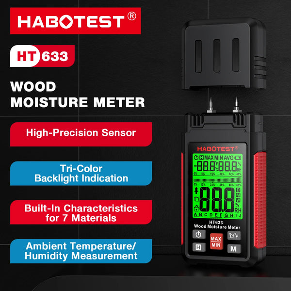 A black digital wood moisture meter labeled HBOTEST HT633 with a red backlight and various feature icons.
