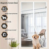 A white magnetic screen door is shown next to a living room window with sheer curtains and a golden retriever sitting in the 