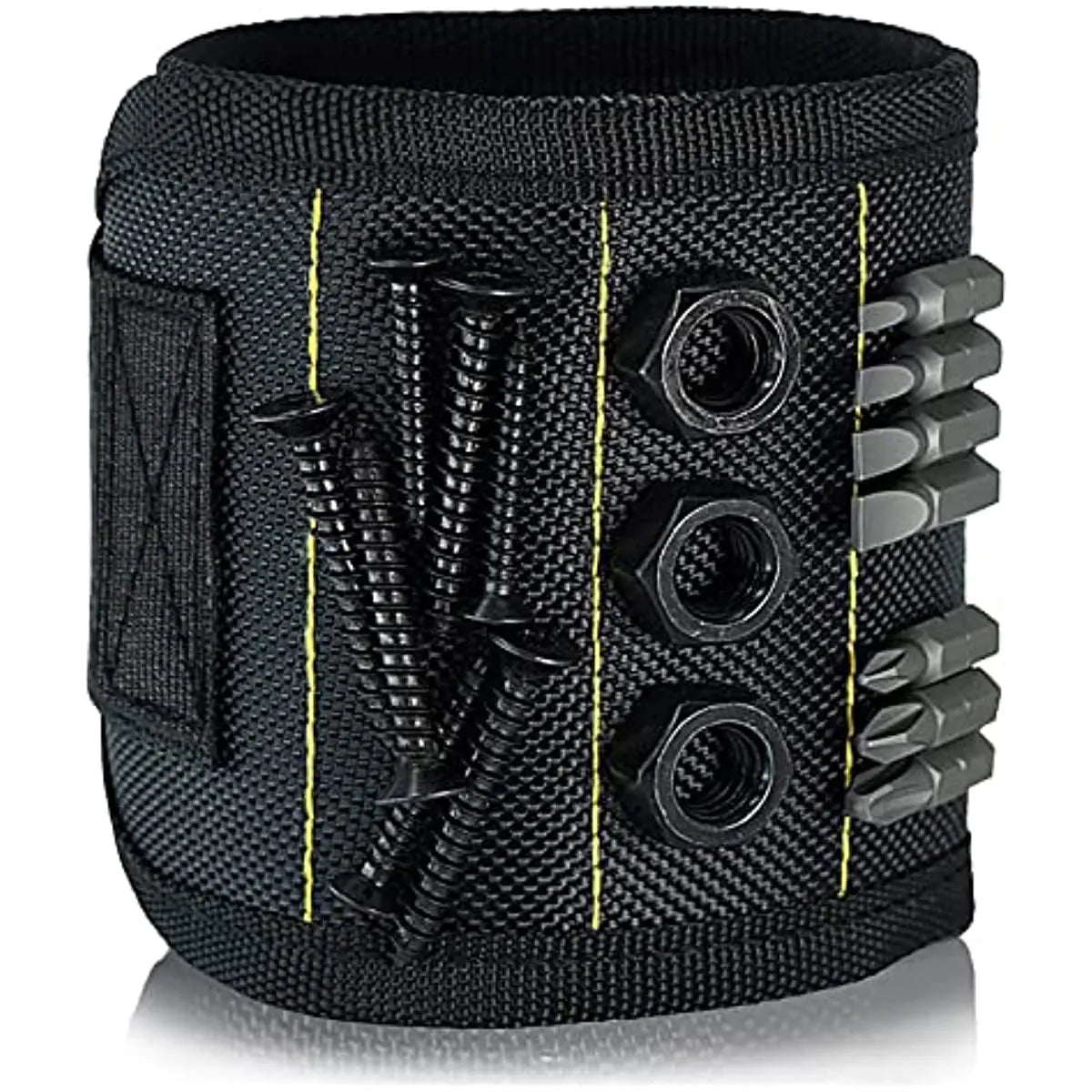 Black magnetic wristband designed for holding tools, featuring multiple tool slots.