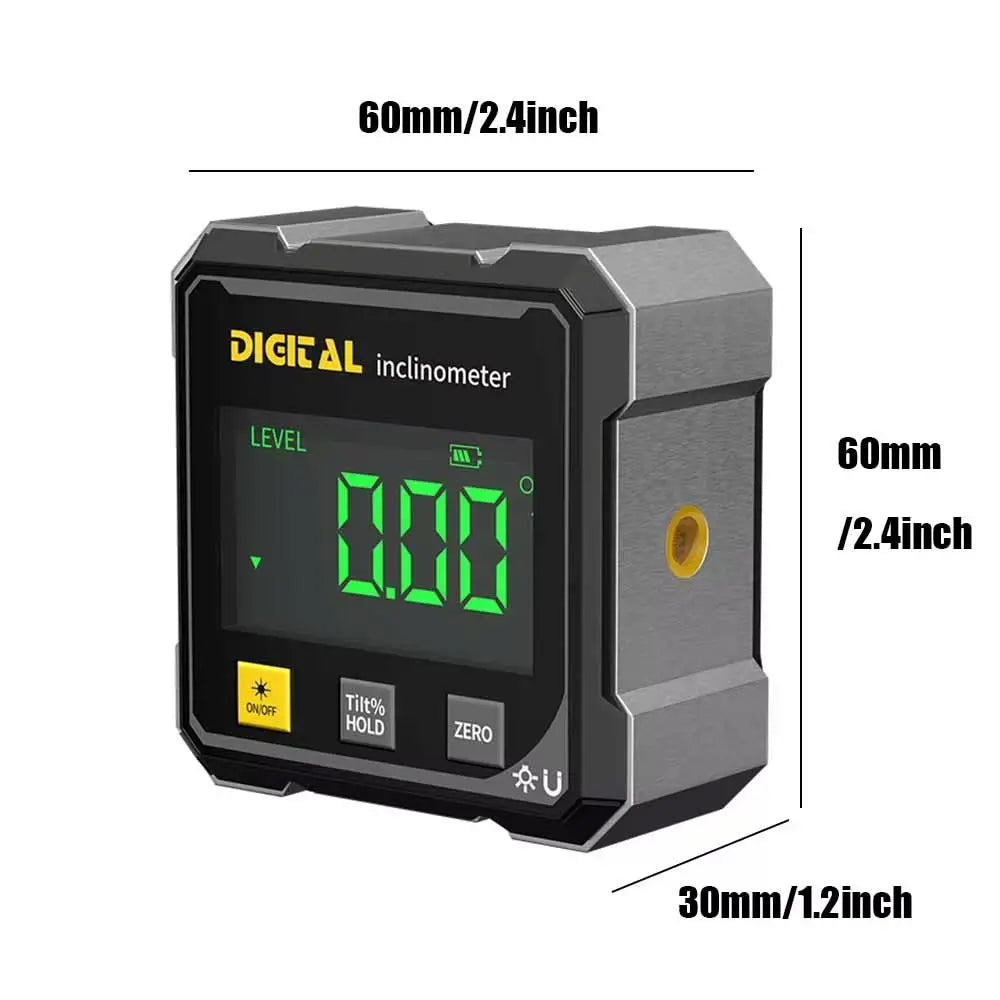 A black digital inclinometer device with a green display and yellow accents, shown next to its dimensions.
