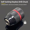 A close-up view of a self-locking keyless drill chuck adapter with a black and silver finish.