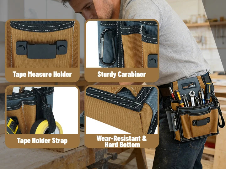 A close-up of a tan tool organizer pouch showing various features like tape measure holders, carabiners, and durable construc