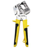 A yellow and silver heavy-duty aluminum stud crimper tool for drywall installation.