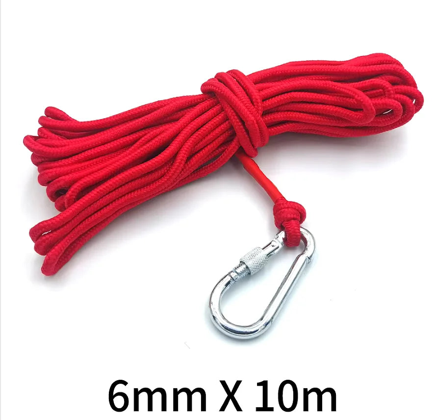 Red 6mm x 10m fishing line with a metal hook and clasp.