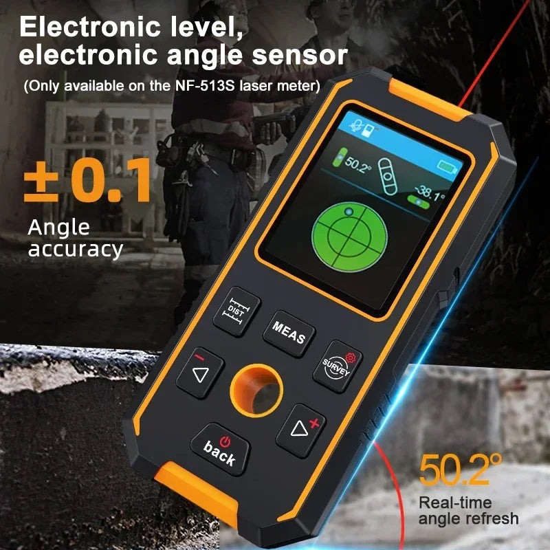 An orange and black electronic level and angle sensor device is shown measuring a 50.2 degree angle.