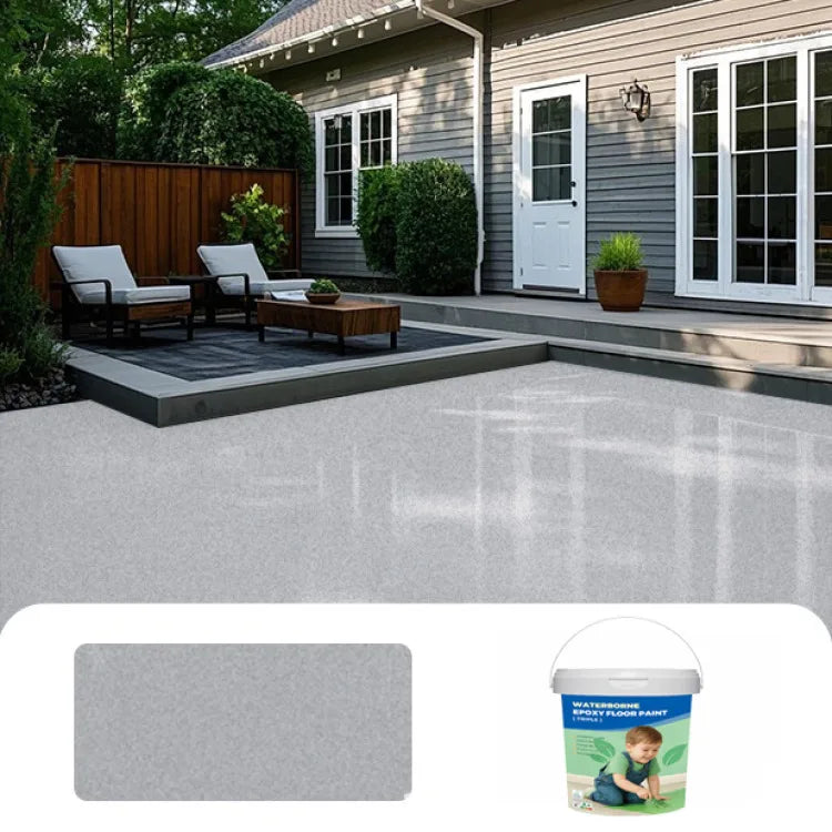 A gray epoxy floor paint can and a swatch of the same gray paint.