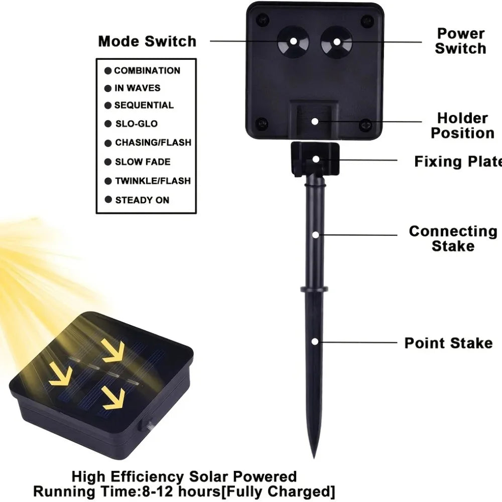 A black solar powered LED string light featuring a mode switch, power switch, and point stake for outdoor use.