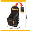A black tool bag with 10 pockets and a sturdy construction shown next to its dimensions.