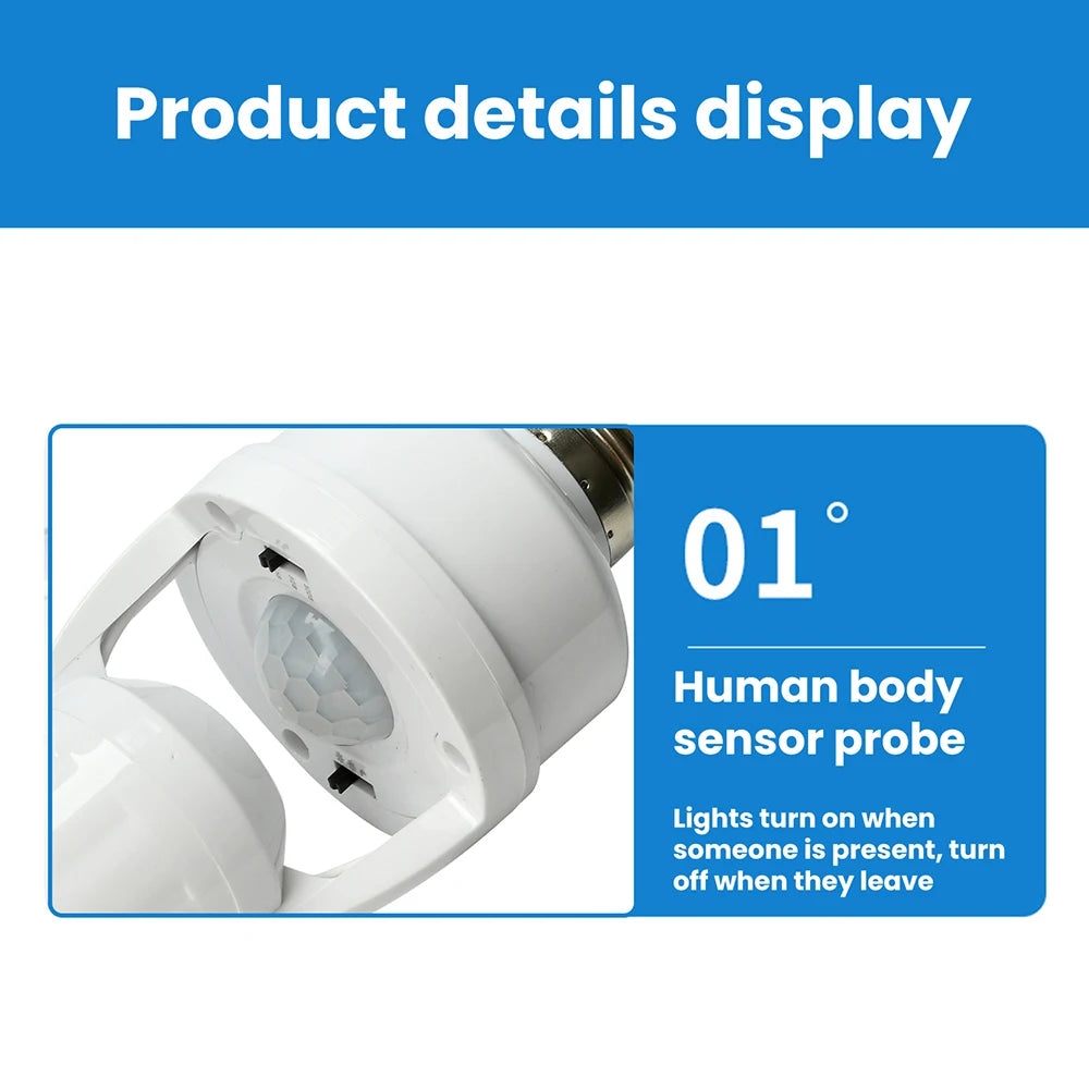 A white human body sensor probe is shown, illustrating a product detail display for a motion sensor LED lamp base converter.