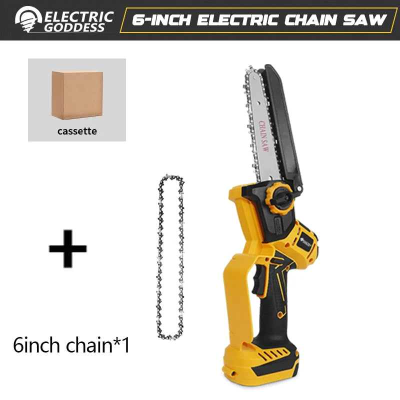 Gelbs-schwarze 6-Zoll-Elektro-Kettensäge mit Kassette und 6-Zoll-Kette.