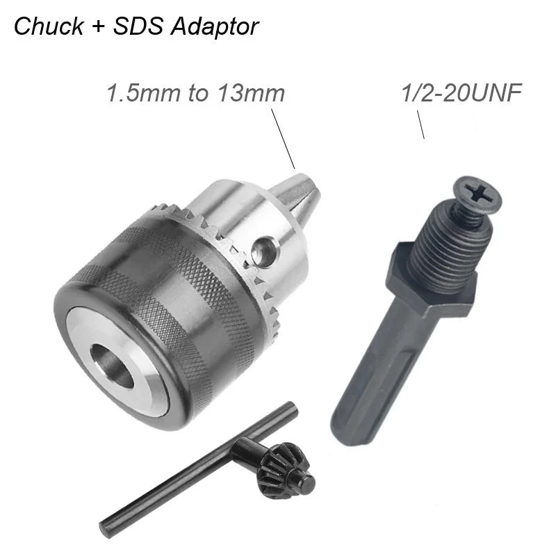 A silver quick change drill chuck adapter with a 1.5mm to 13mm size range and a 1/2-20 UNF thread, shown alongside a separate