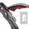 A close-up view of a black folding utility knife with an open blade and a diagram showing the blade mechanism.