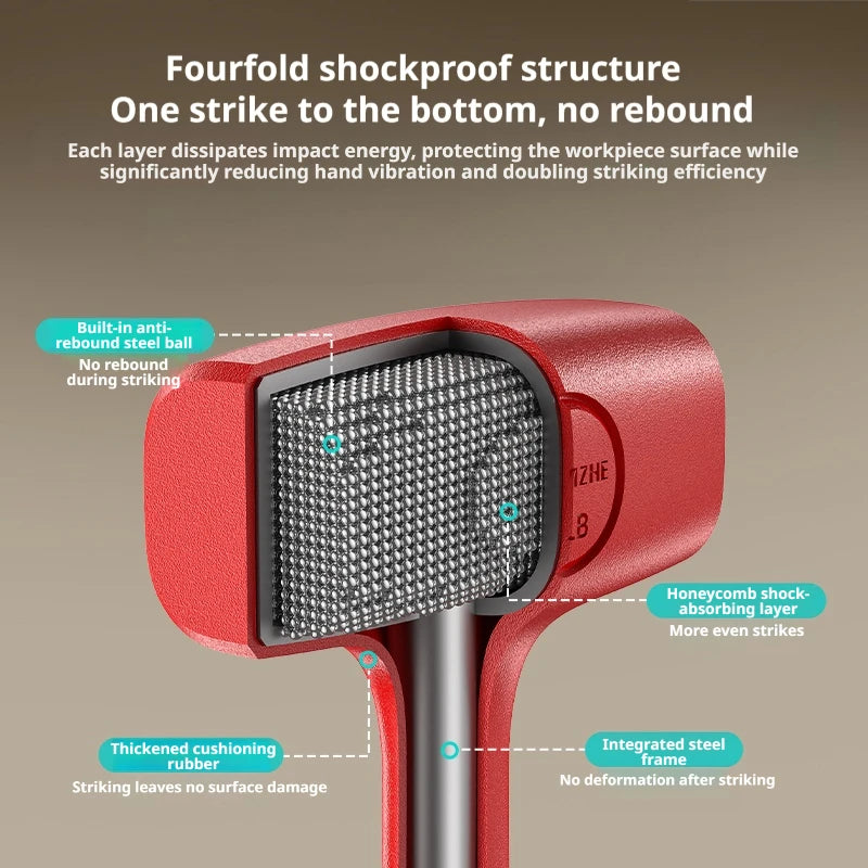 A red rubber hammer with a honeycomb shock-absorbing layer and integrated steel frame for striking.