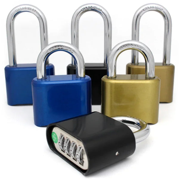 A set of heavy duty combination padlocks featuring silver shackle locks and various colored body locks including blue, black,