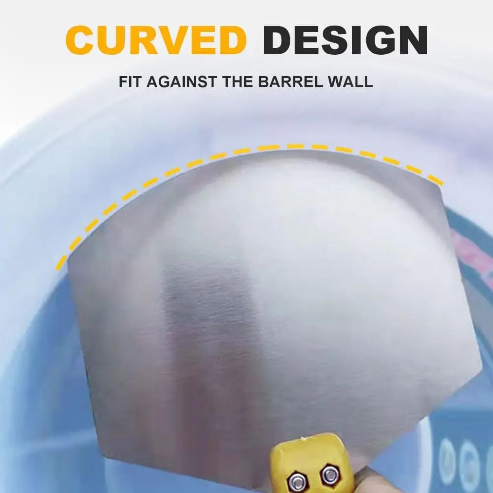 A curved stainless steel putty knife scraper tool fitting against a barrel wall.