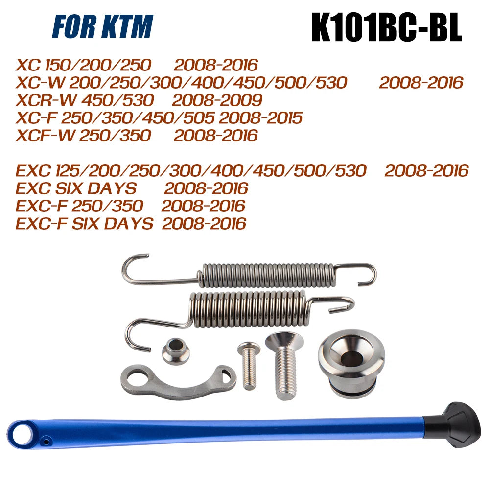 Kit of motorcycle side stand kickstands including various lengths and a blue aluminum bar.