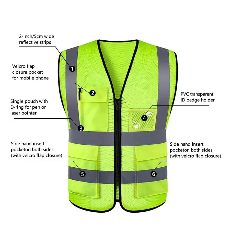 A bright yellow high-visibility safety vest featuring reflective strips, pockets, and an ID badge holder.