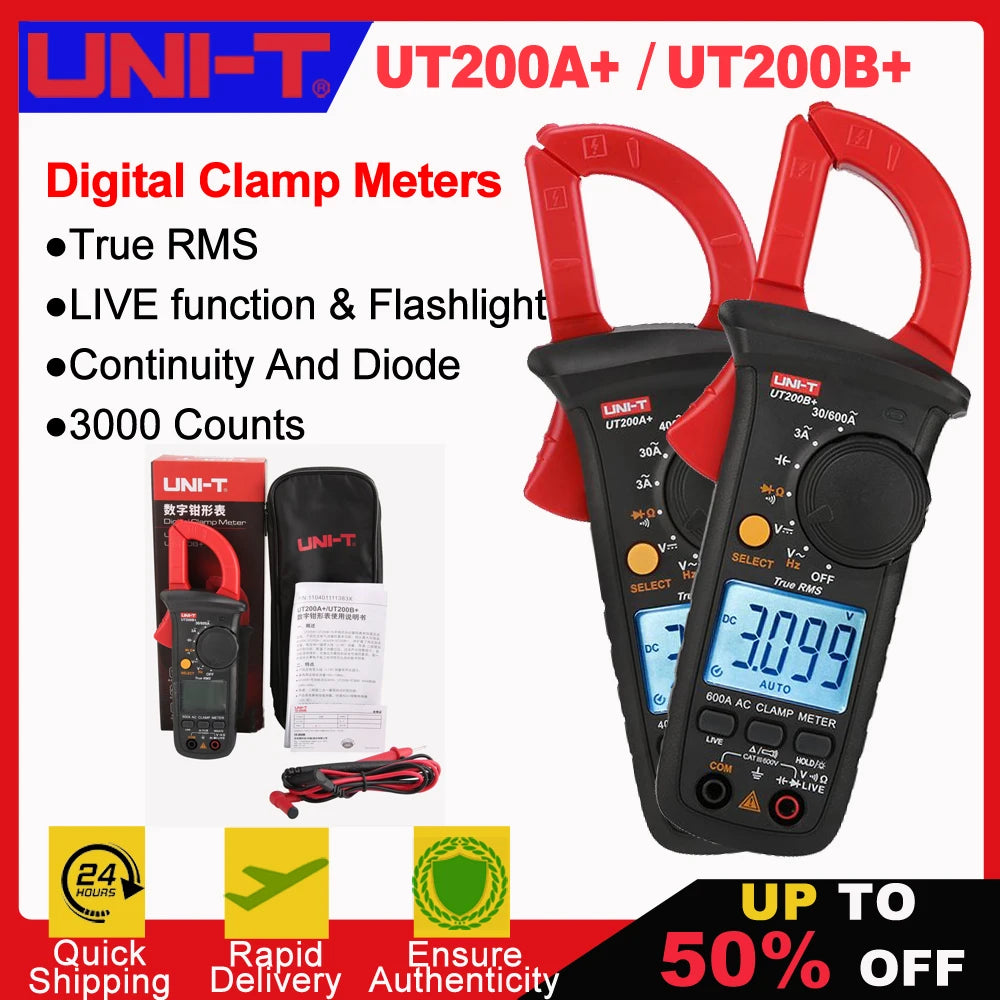 Red and black UNI-T UT200A+/UT200B+ digital clamp meters for electrical testing